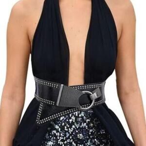 Fashion Wide Waist Belt Elastic Stretch Cinch Belts With Interlock Buckle, Black